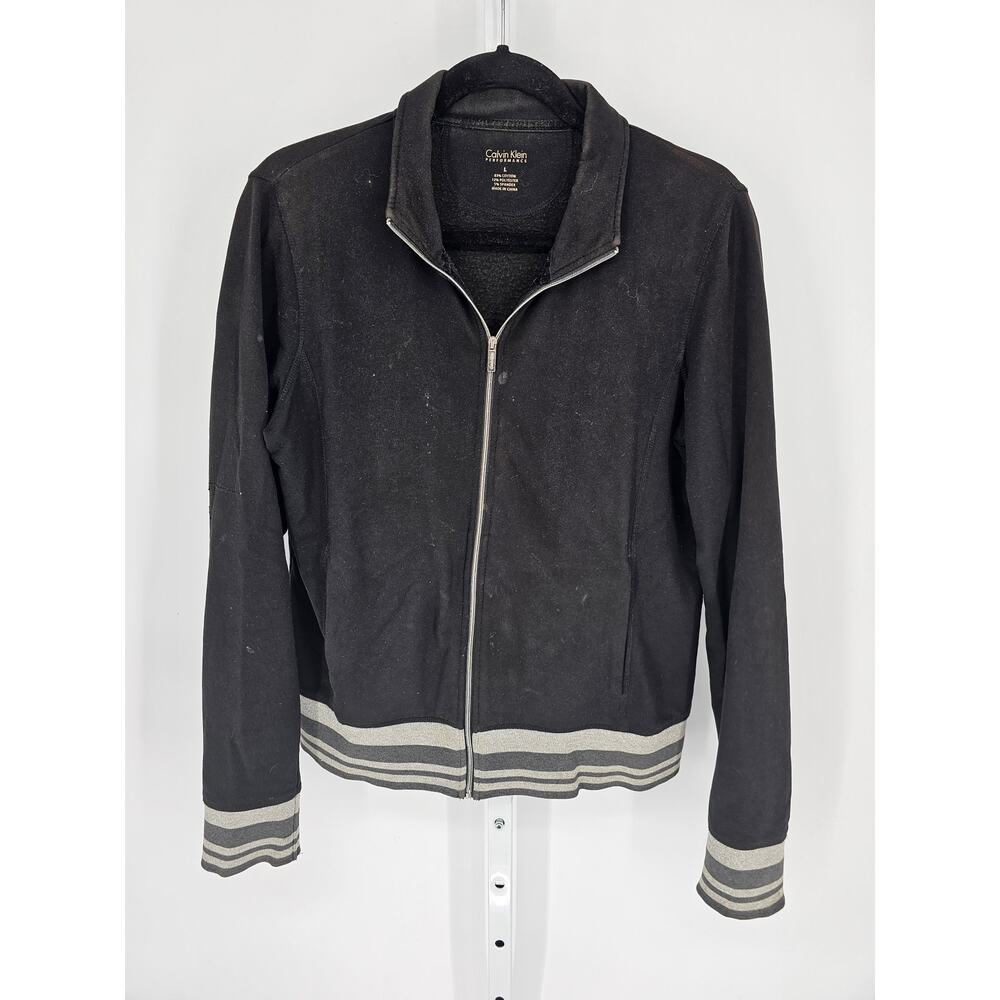 Calvin Klein Women's Black Long Sleeve Full Zip Striped Hem Cotton Jacket Size L